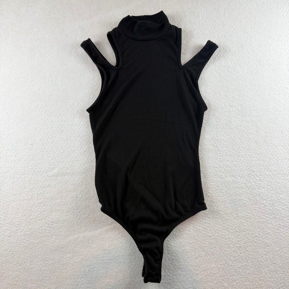 Free People Intimately Black Ribbed Cold Shoulder Mock Neck Bodysuit XS TP